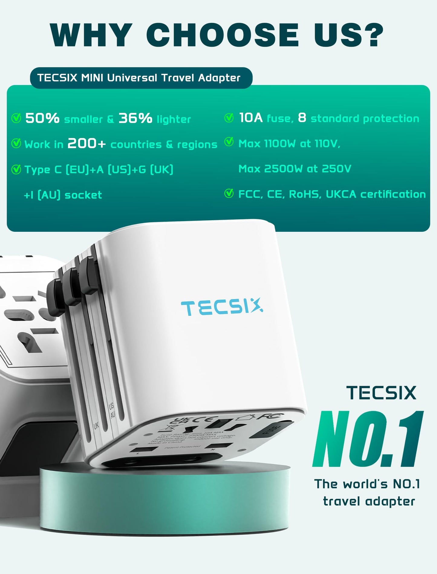 Universal Travel Adapter Worldwide, TECSIX Compact Travel Power Plug Adapter (Type A C G I), 2500W Internetional Wall Charger Outlet Adaptor to Europe, India, UK, US, AUS, Asia 200+ Countries