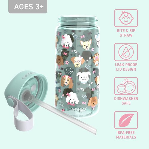 Bentgo Kids Water Bottle - Leak-Proof, Durable Tritan BPA-Free 15 oz Cup for Kids/Toddlers Ages 3+; Bite & Sip Spout, Carrying Handle & Dishwasher Safe for School, Sports, Daycare & Camp (Puppy Love)