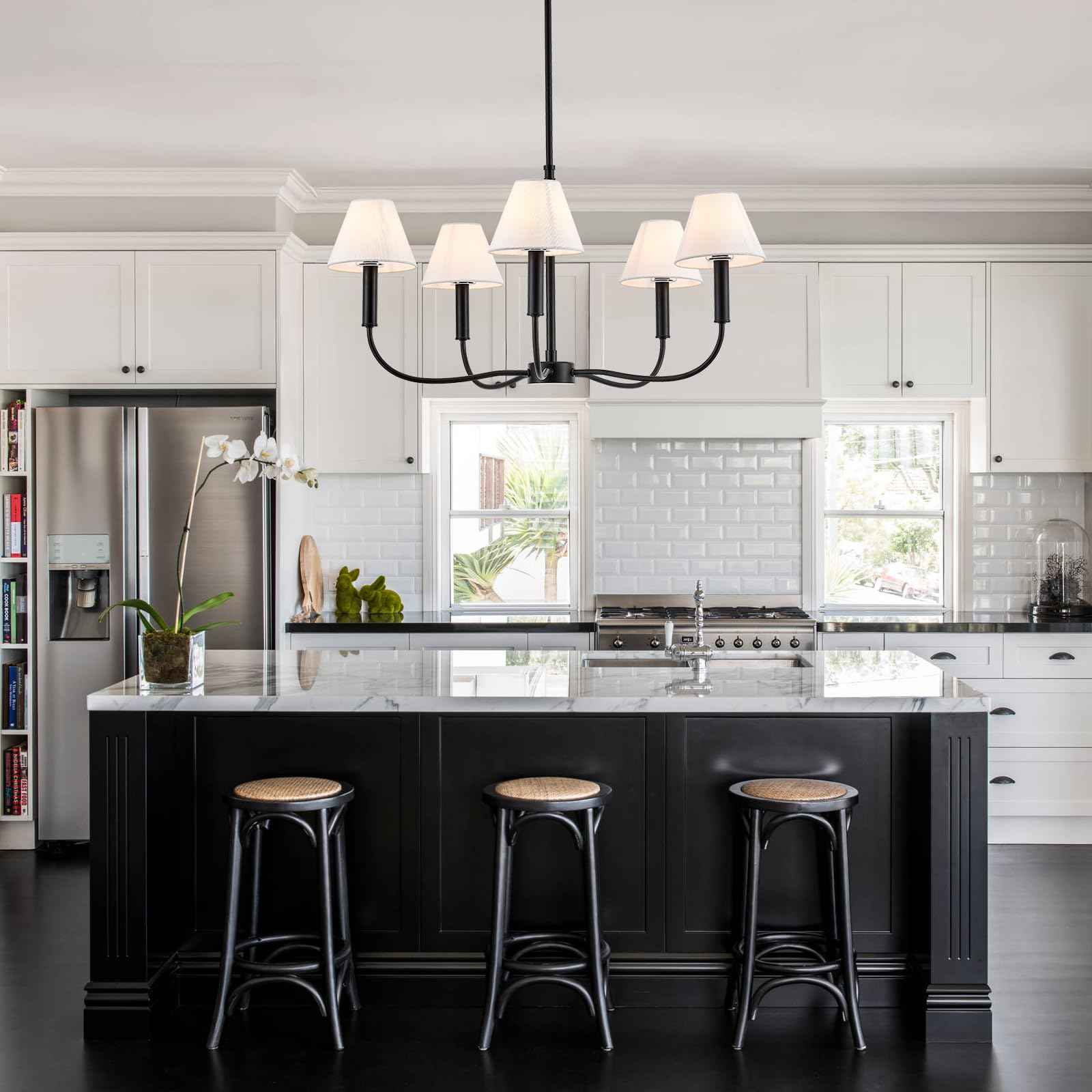 Black Farmhouse Chandeliers with White Fabric Shades, 5-Light Modern Chandelier for Dining Room Light Fixture 30’’ Large Linear Pendant Light Fixture for Kitchen Bedroom Living Room,UL Listed