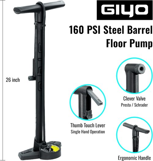 GIYO Bike Floor Pump - Dual Scale Gauge for Road & MTB | One-Handed Operation - 160PSI Steel Barrel