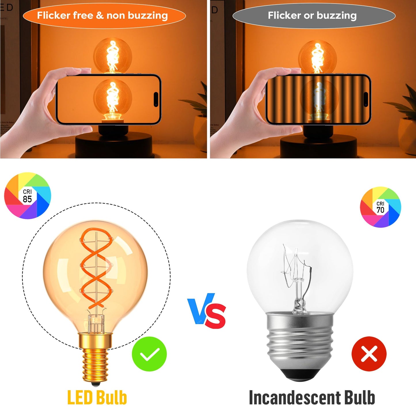 PADMO LUDAZ Dimmable G16.5 Amber Light Bulbs 25 Watt Equal 3W,Candelabra Edison Screw Base E12 Bulb Warm,Vintage LED Globe Light Bulbs for Chandelier Ceiling Fan,Soft White 2200K,180LM,2 Pack