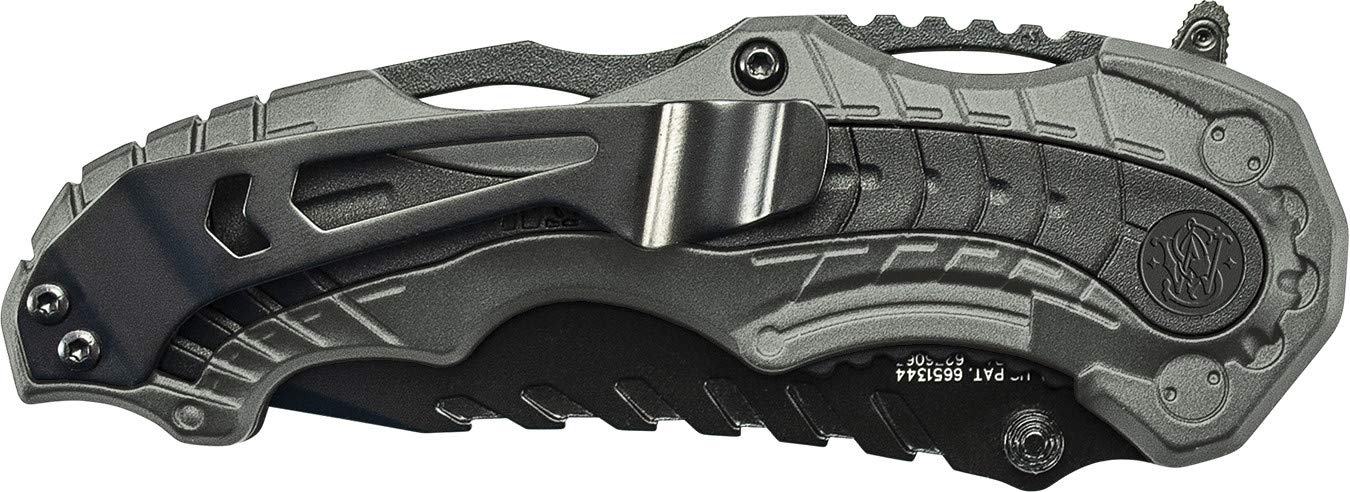 Smith & Wesson SWMP6 7.7in High Carbon S.S. Assisted Folding Knife with 3.4in Clip Point Blade and Aluminum Handle for Outdoor, Tactical, Survival and EDC,Black