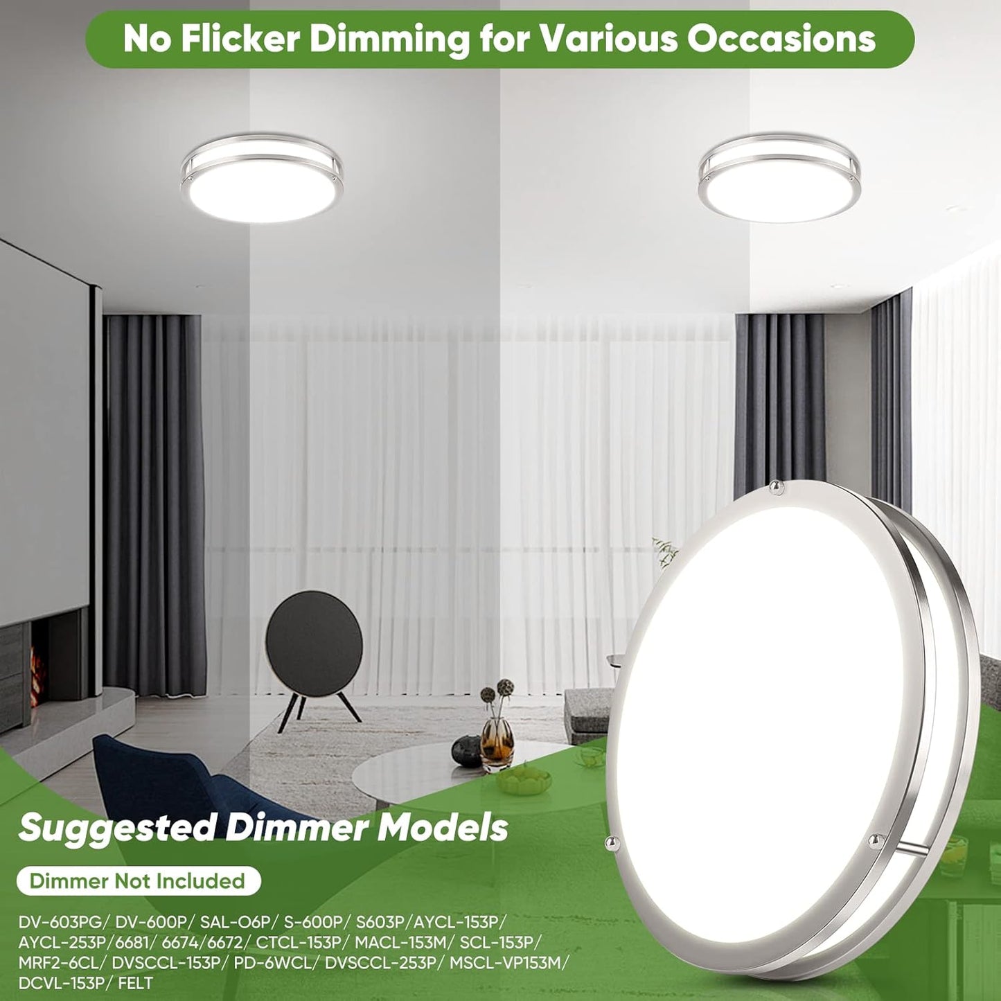 36W Dimmable LED Ceiling Lights - Super Bright Flush Mount Fixtures, 2-Pack, 13 Inch, Adjustable 2700K-6500K for Bedroom & Kitchen