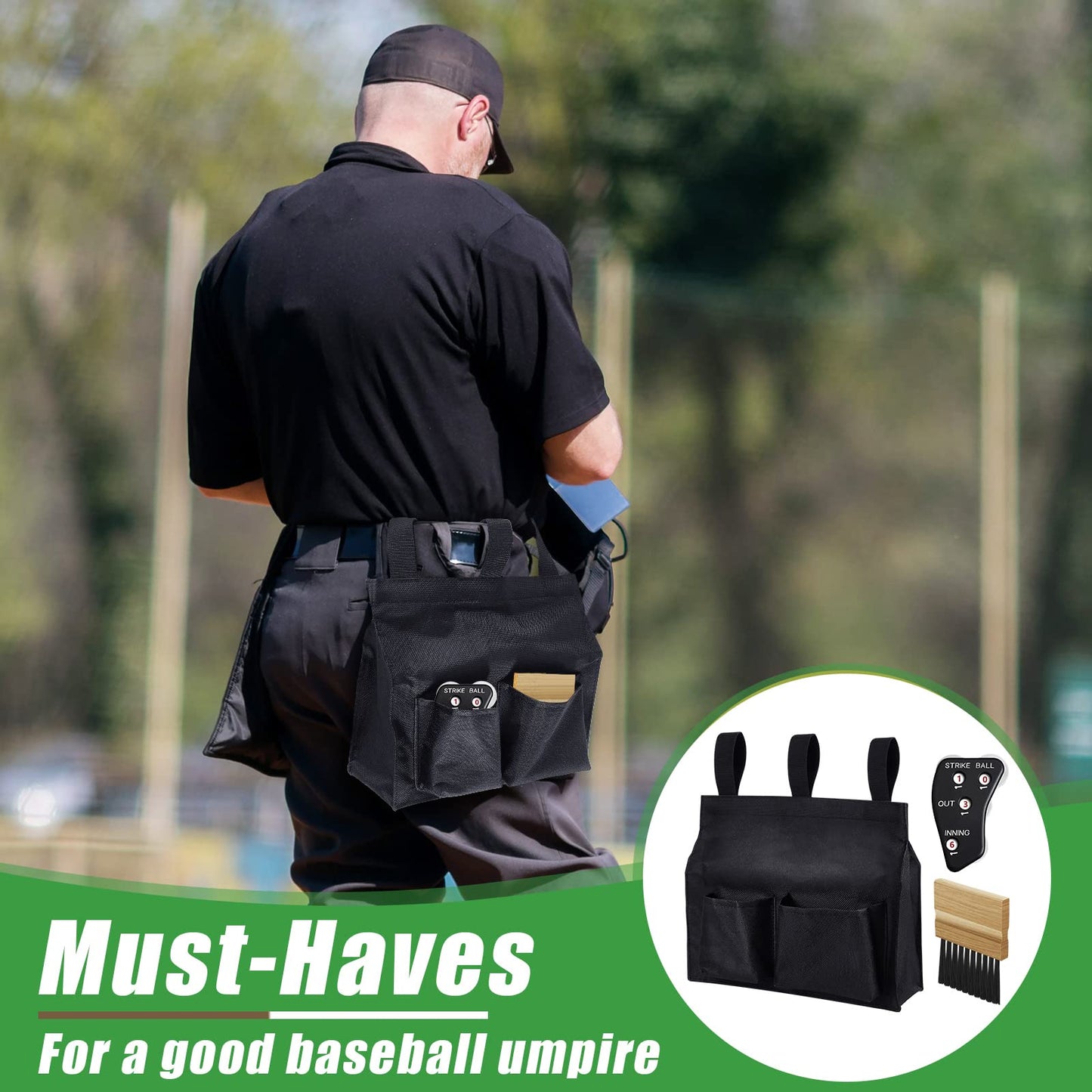 Dunzy 3 Pcs Umpire Gear Set Includes Baseball Umpire Brush, Black Ball Bag and Indicator for Men Youth Referee Equipment Accessories Kit