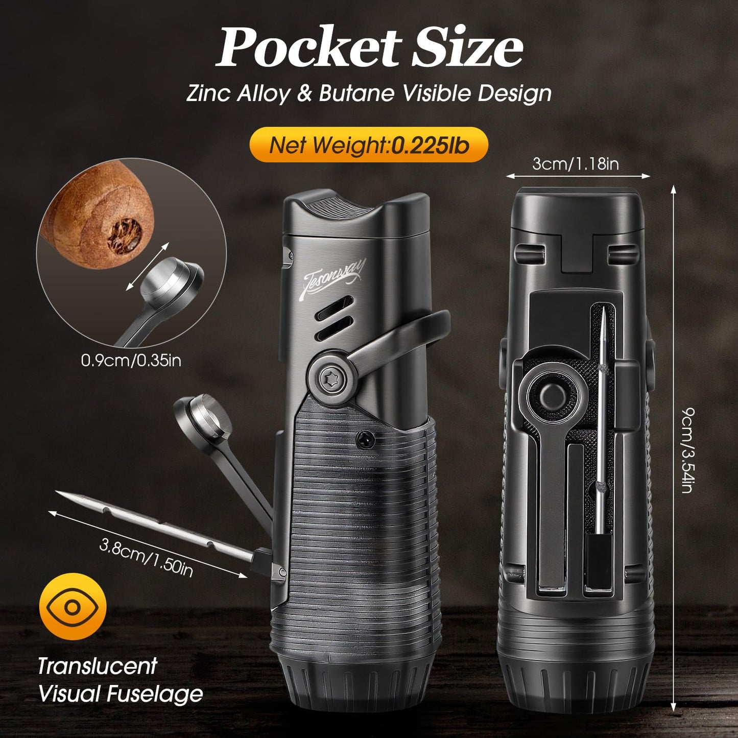Tesonway Cigar Lighter 2 Pack, Windproof Refillable Butane Torch Lighter, Multifunction Cigar Accessories Butane Lighter with Cigar Holder, Cigar Draw Enhancer and Cigar Punch, Butane Not Included