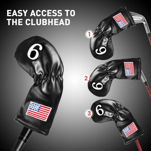 Golf Iron Covers Set US Flag Leather for Irons Value 11 Pack, Long Neck Protector Number Headcover, Universal Head Cover Fit Main Iron Clubs for Men Women Golfer (Black-USA Flag)