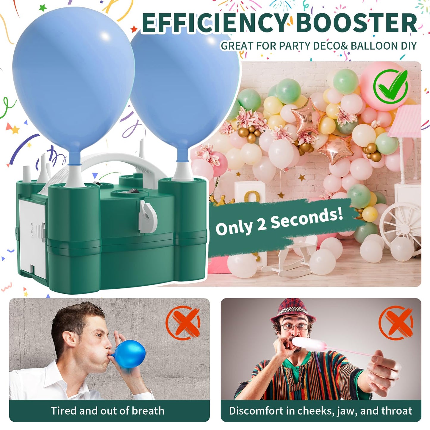 Balloon Pump 3-in-1 Electric Air Pump for All Balloons& Inflatables, Triple Inflating Ports for Latex 260q Foil Mylar Balloon Inflation, Quick-Fill Inflator Deflator for Pool Floats Air Beds