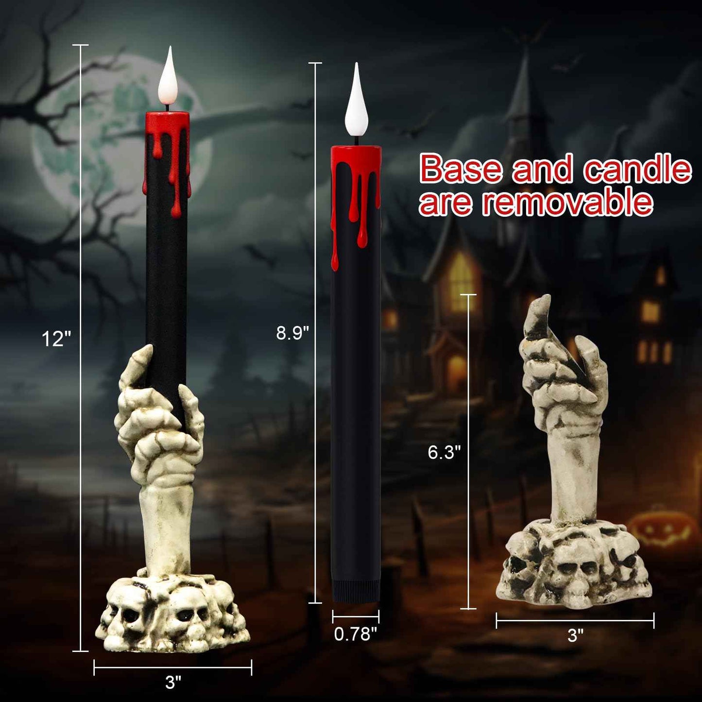 GenSwin Halloween Black Taper Flameless Candles with Ghost Hand Candlesticks and Remote Timer, 2 Pcs Battery Operated Taper Candles with Holder and 3D Flame for Halloween Decor
