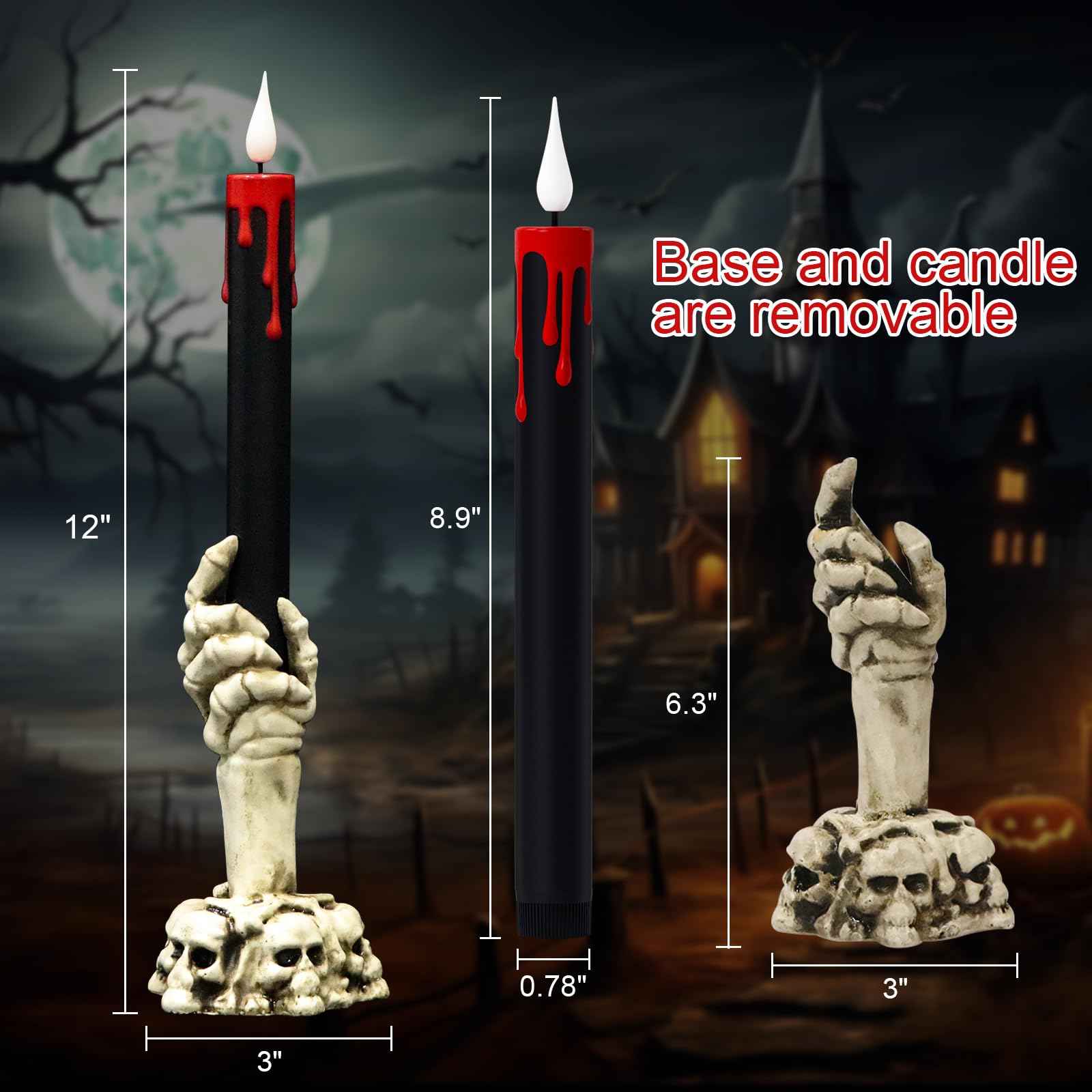 GenSwin Halloween Black Taper Flameless Candles with Ghost Hand Candlesticks and Remote Timer, 2 Pcs Battery Operated Taper Candles with Holder and 3D Flame for Halloween Decor