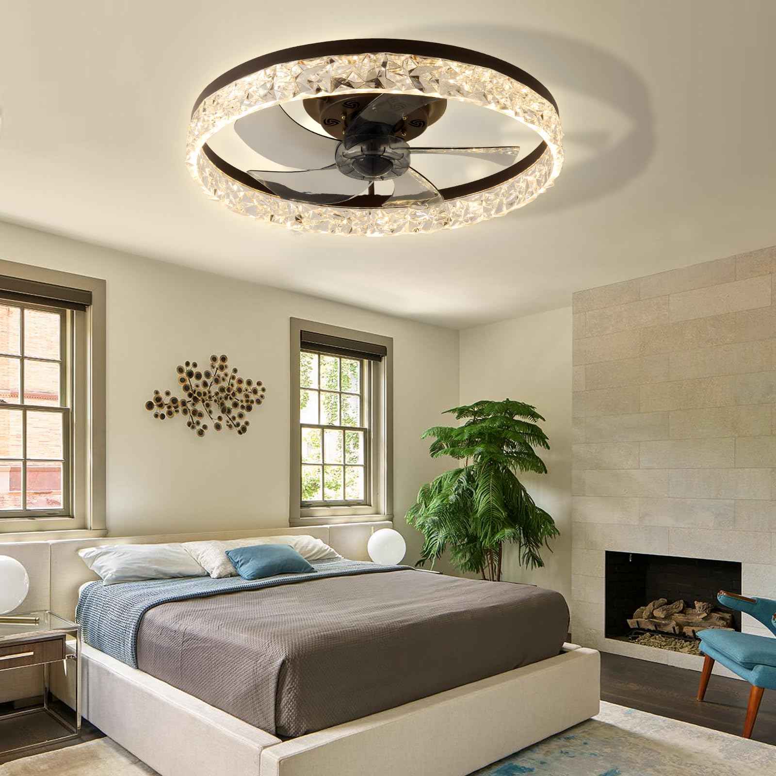 FRIXCHUR 20" Modern Ceiling Fan with Lights and Remote Dimmable Low Profile Ceiling Fans Flush Mount Led Ceiling Fan with Light for Bedroom Living Room Kitchen(Brown,6 Speeds 3 Colors Change)