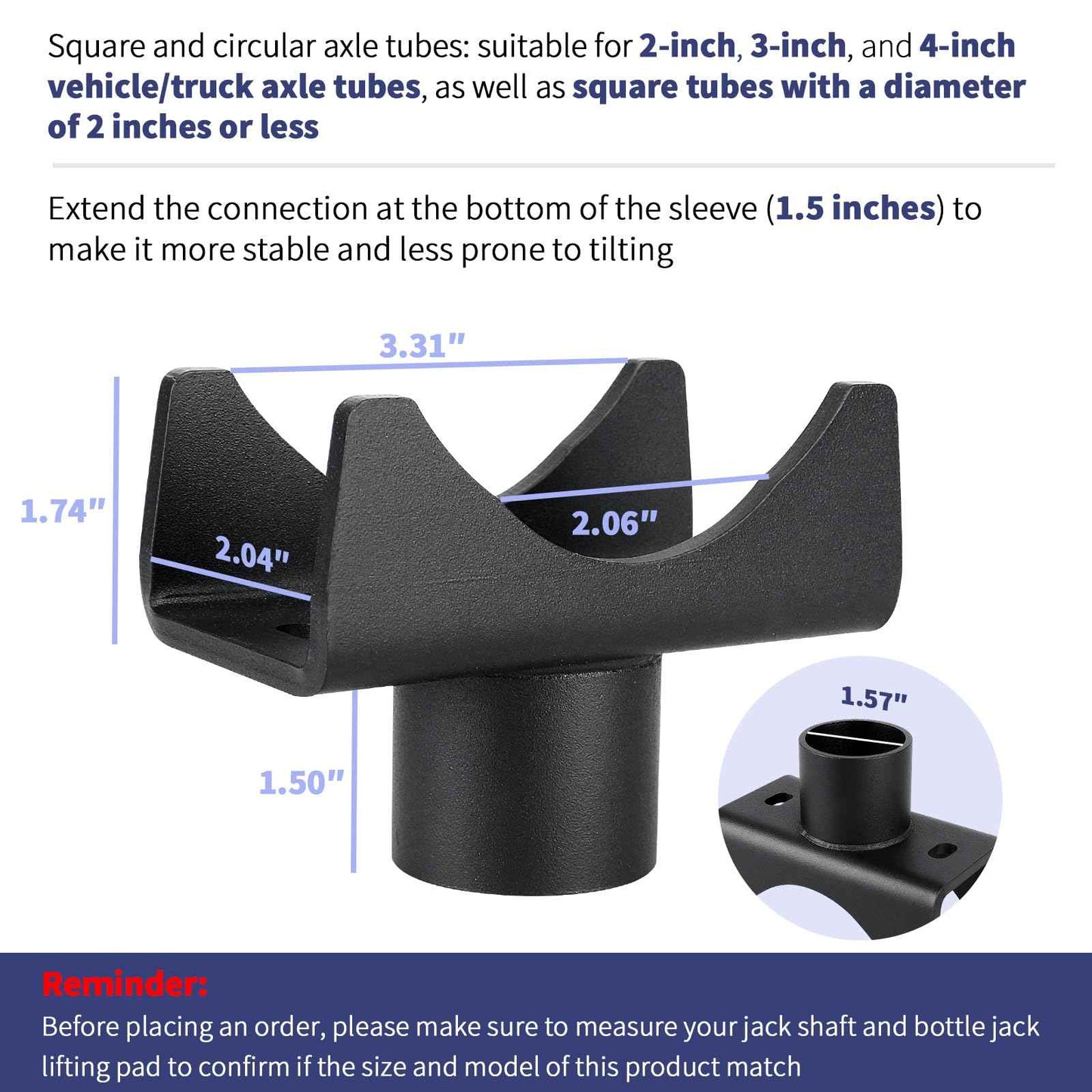 Bottle Jack Adapter, Axle Saddle for 2", 3", 4" Round & 2" Square Tube, Bottle Jack Extension for RV Trailer, Within 1.5" Lifting Platform, Garage, Farm & Ranch