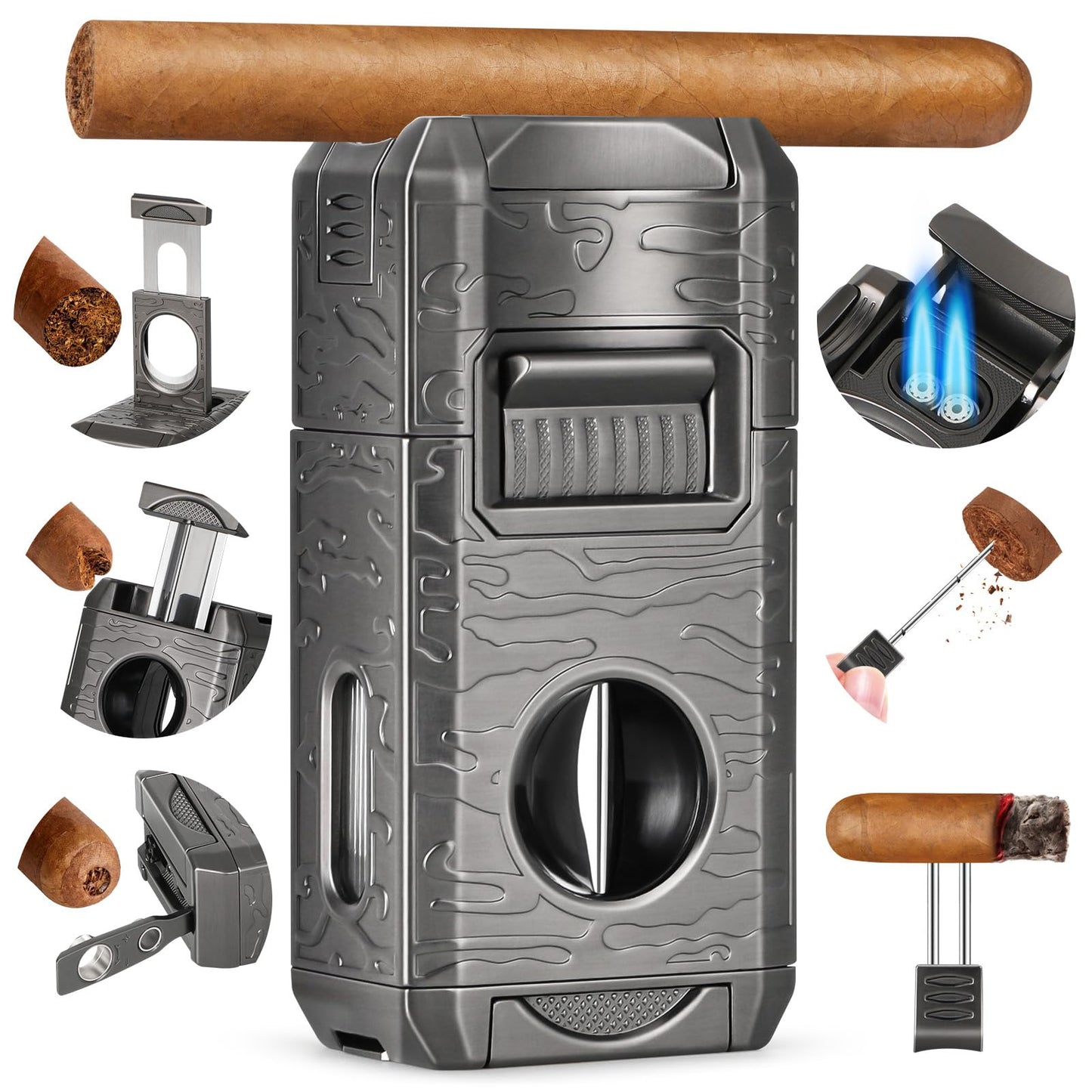 DXXULL Cigar Lighter, 7-in-1 Cigar Lighter Set: Dual-Flame Windproof, Visual Gas Window Adjustment, Built-in Dual Punch, V-Cut, Flat Cut, Cigar Holder and Smoking Set, Gift for Men (No Butane)