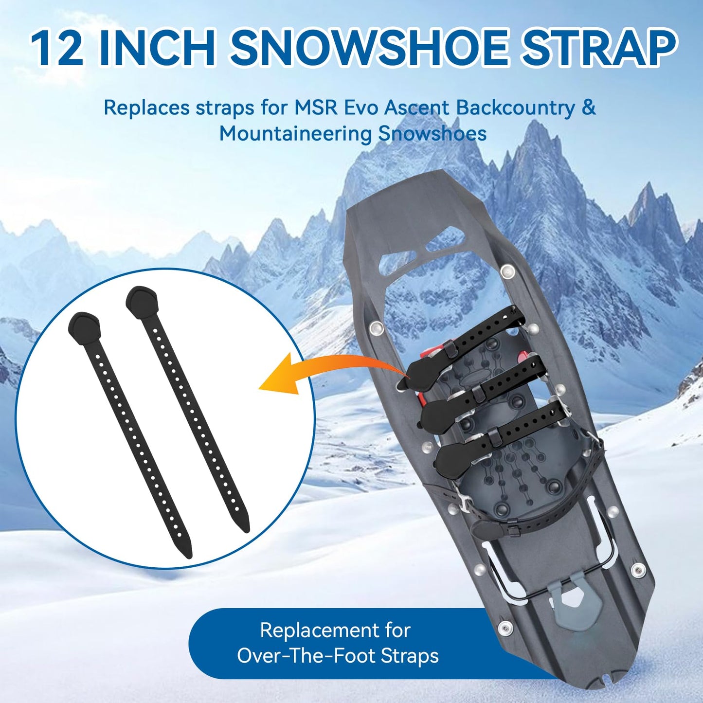 12 Inch Snowshoe Straps Replacement for MSR Snowshoe Bindings Straps - Compatible with MSR Denali Evo Ascent Snowshoes & PosiLock Bindings, Black, 2 Pack
