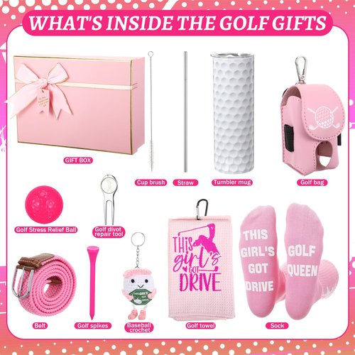 Patelai Pink Golf Gifts for Women Funny Golfing Accessories Gifts Set for Golfer Lovers Includes Golf Balls Tumbler Portable Bag Tees Metal Divot Repair Tool Towel Sash Socks Mother's Day Favor