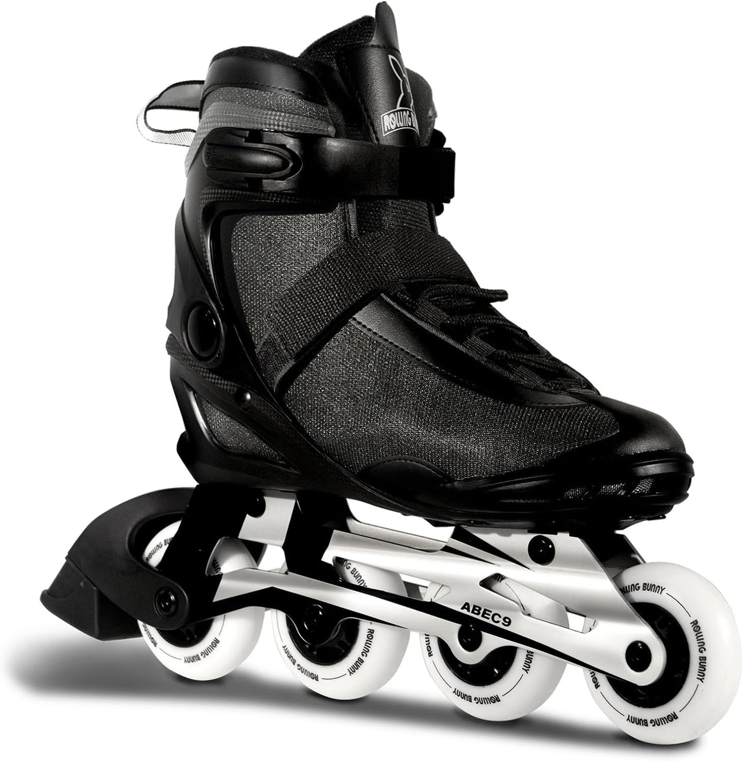 RollingBunny Inline Skates PRO for Adult Women - ABEC-9 Bearing with Breathable Lining for Male Female, Optional Brake, Size W 6-9, Black