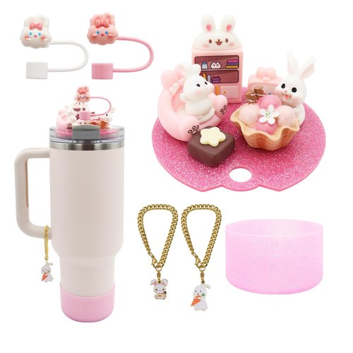 Cup Lid Topper Decoration for Stanley 40 oz，Including Silicone Boot, Silicone Straw Topper Cover Cap, Lid Charms，Cup Chain - Cute Rabbit Decoration Accessories