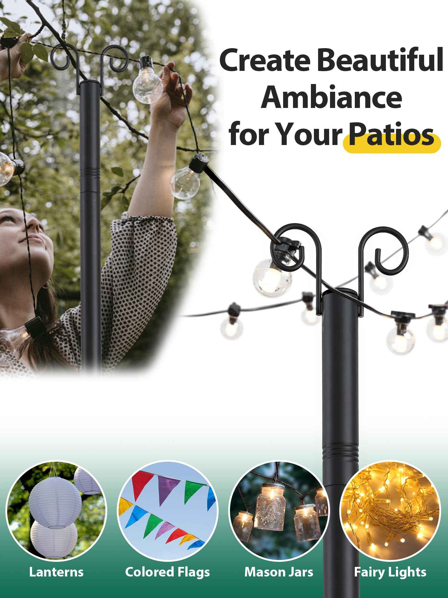 String Light Poles, 12.6 FT Light Poles for Outside Patio, Outdoor Deck Lighting Poles with Brackets for Fence and Base for Wood Concrete Mount, Heavy Duty Metal Stand Hanging Garden Party Decoration