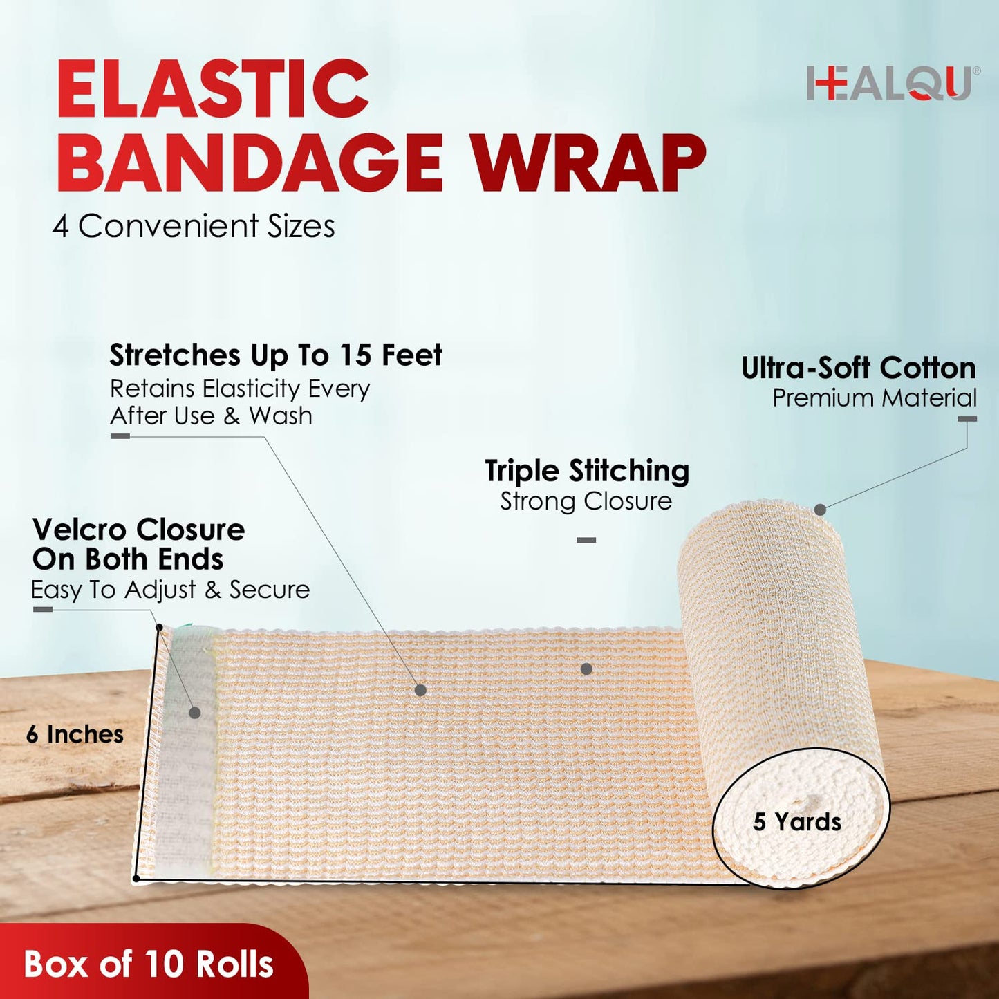 HEALQU Premium Elastic Bandage - Self-Closure Compression Wrap for Legs, Knees, Ankles, Wrists, Elbows, Shoulders - 6 Inch by 5 Yards, Box of 10 Rolls Athletic Stretchable Bandage Wrap