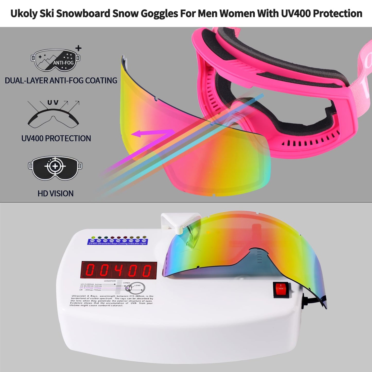 Ukoly Ski/Snowboard Goggles for Men Women, Snow Goggles HD Lens Anti-Fog Coating OTG Design UV400 Protection Windproof (Pink Frame Revo Pink HD Lens)