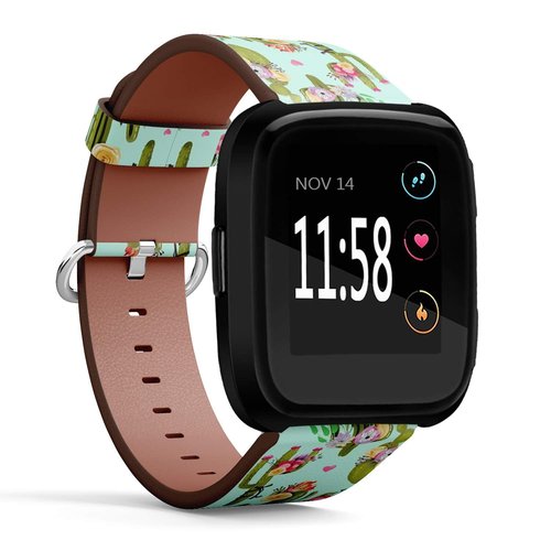 Compatible with Fitbit Versa, Fitbit Versa 2, Fitbit Versa Lite, Leather Wristband Bracelet with Quick-Release Spring Pins - Beautiful Cacti Cactuses Succulents