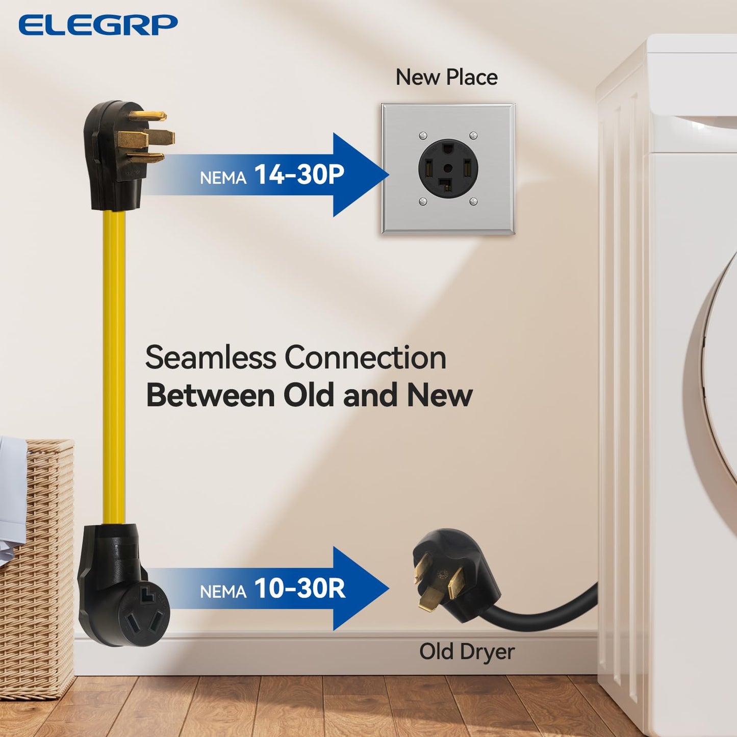 ELEGRP 1.5FT Dryer Adapter Cord, NEMA 14-30P to 10-30R, 4 Prong New House to 3 Prong Old Dryer, 30 Amp/250V/7500W, Heavy Duty 10-AWG STW, 180° Rotating Plug, UL Standard Compliant
