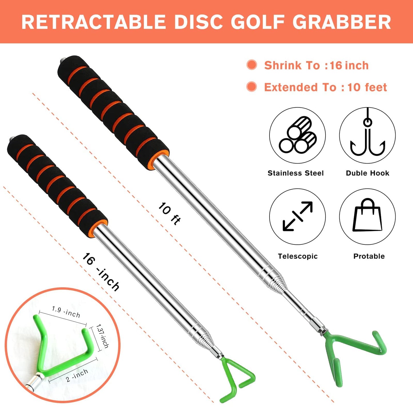 VOOADA Disc Golf Retriever, Multifunctional Telescopic Accessory Extends to 10 ft with Easy Carry Bag, Starter Kits with Premium Accessories