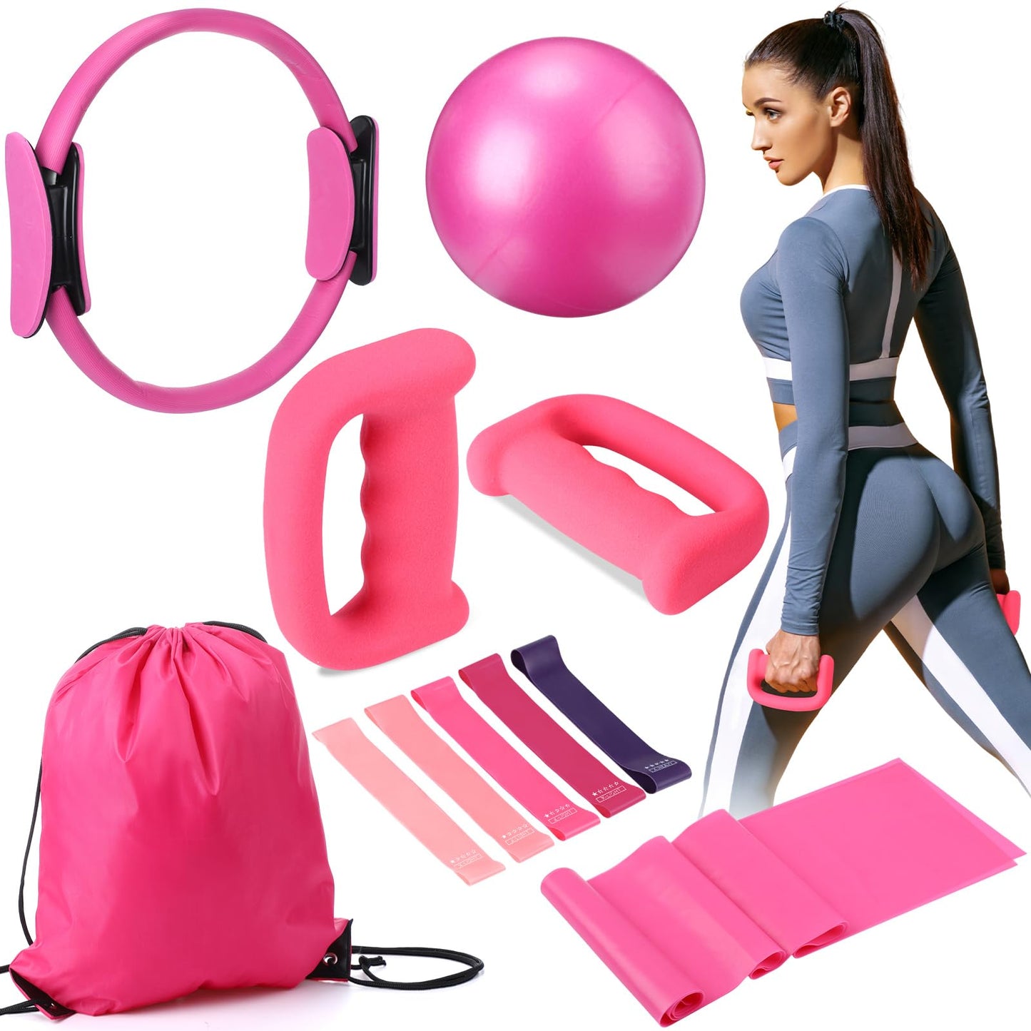 Poen 10 Pcs Pilates Ring Set Include 2.2lb *2 Dumbbells 10" Yoga Exercise Ball 12" Pilates Ring 5-40lb Resistance Bands Elastic Band and Drawstring Backpack Set for Women Home Workouts(Pink)