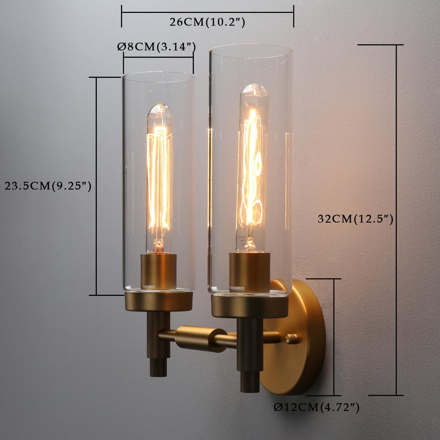 Phansthy Rustic Industrial Wall Sconce Light with 3.14"/8cm Tubular Clear Glass Lampshade (Double Sconce Antique)