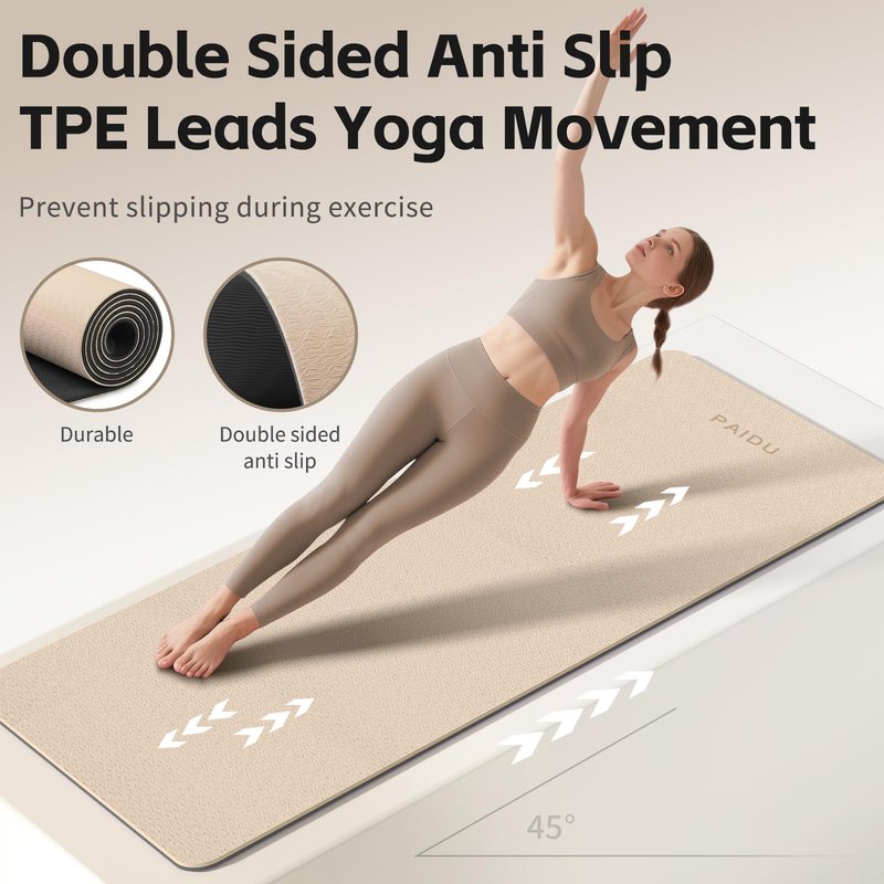 PAIDU Yoga Mat 8mm Super Thick TPE Fitness Mat | SGS Certified | Non-Slip, Odorless & Tear-Resistant | Unisex with Strap | for Yoga, Pilates, Meditation & Home Workouts (Beige&Black)