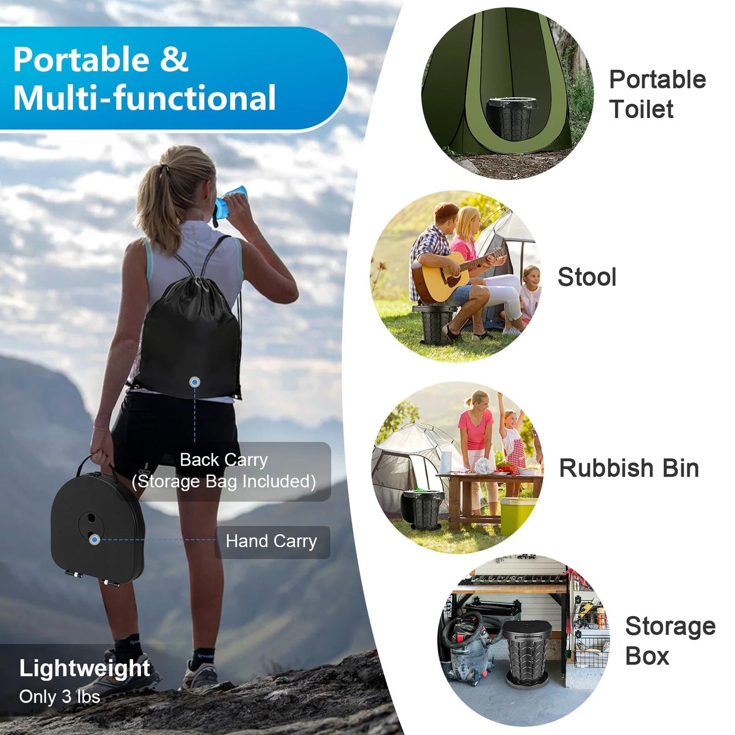 Retractable Portable Toilet Camping Toilet - Adjustable Height Camp Toilet Portable Potty for Camping, Car, Travel, Boat, Beach, Tent and Emergency Use