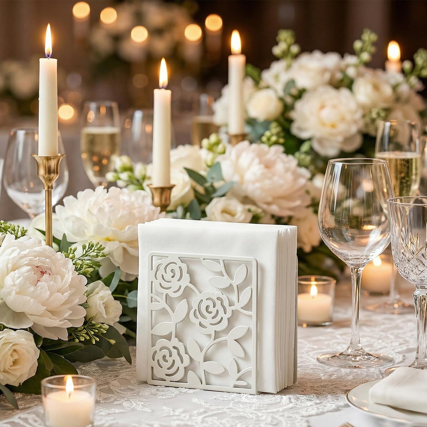 Resama Metal Napkin Holder for Table,Metal Rose Standing Napkin Holder for Kitchen Dining Tables & Countertops, Black Countertop Napkin Holders for Indoor & Outdoor,Unique Table Decor Gifts (White)