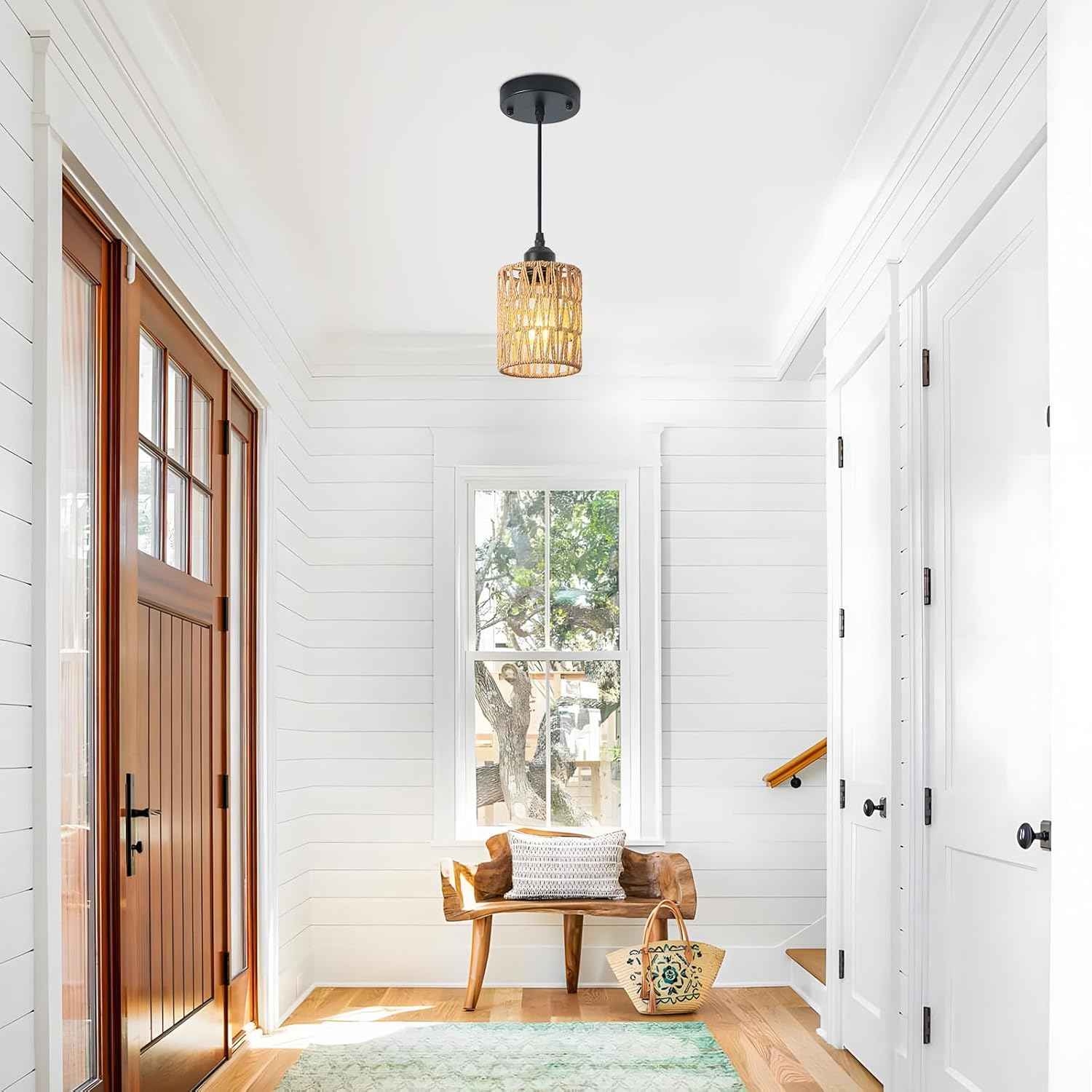 Rattan Chandelier Pendant Lights - 3 Pack Adjustable Height Boho Farmhouse Ceiling Fixtures for Kitchen & Dining Room