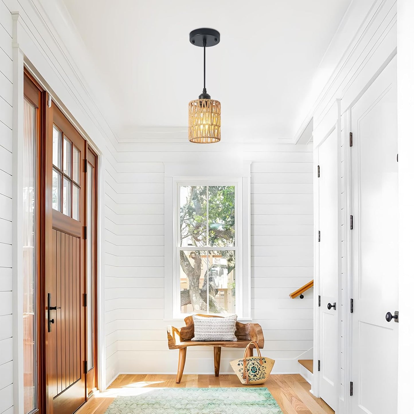 Rattan Chandelier Pendant Lights - 3 Pack Adjustable Height Boho Farmhouse Ceiling Fixtures for Kitchen & Dining Room