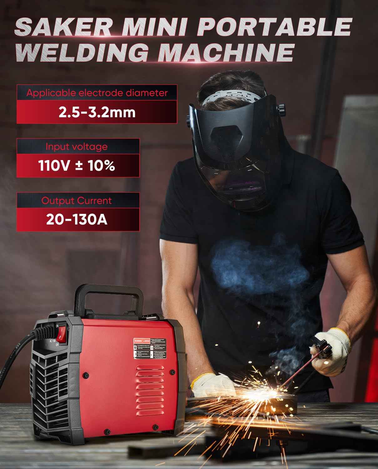 Saker Mini Stick Welder, 110V Portable Welding Machine, 20-130A Arc Welder with Smart LED Display, IGBT Inverter, Anti-Stick & Hot Start,Portable Stick Welder for Home & DIY