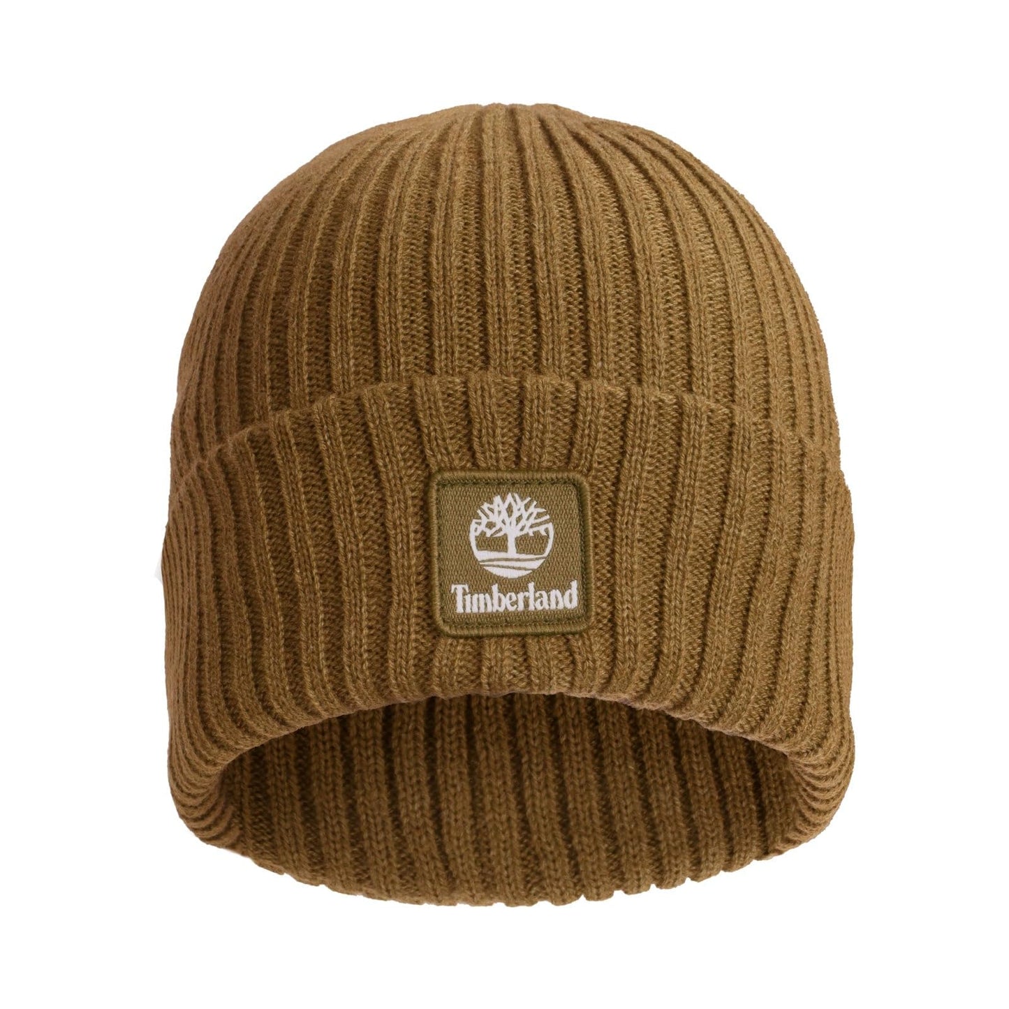 Timberland Men’s Rib Tonal Logo Beanie - Soft Knit Winter Hat, Stretch Fit, Foldover Cuff, Warm Texture for Cold Weather Wear, Wheat, One Size