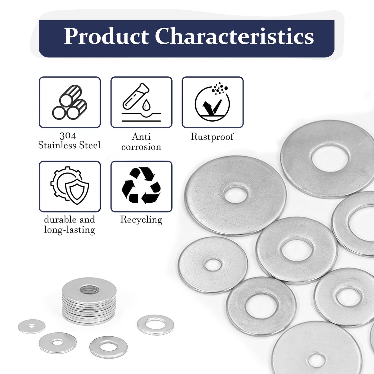 ZQZ 108Pcs Flat Washers, 304 Stainless Steel Fender Washers Assortment, 12 Different Sizes Wide Washer M3 M4 M5 M6 M8 M10 M12 Assorted Flatwashers Kit
