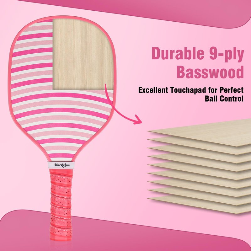Eliwdshen Pickle Paddles Set of 4, Premium Wood Pickleball Paddles with 4-40 Holes Pickleball Balls and Carry Bag, Wood Pickle Rackets for Adults, Kids and Beginners (Pink)