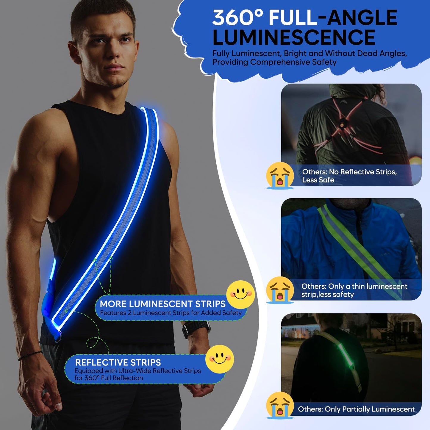 LED Reflective Running Sash for Men & Women – Rechargeable Flashing Safety Light for Night Jogging, Cycling, Hiking, Walking – High Visibility Reflective Gear (Blue)