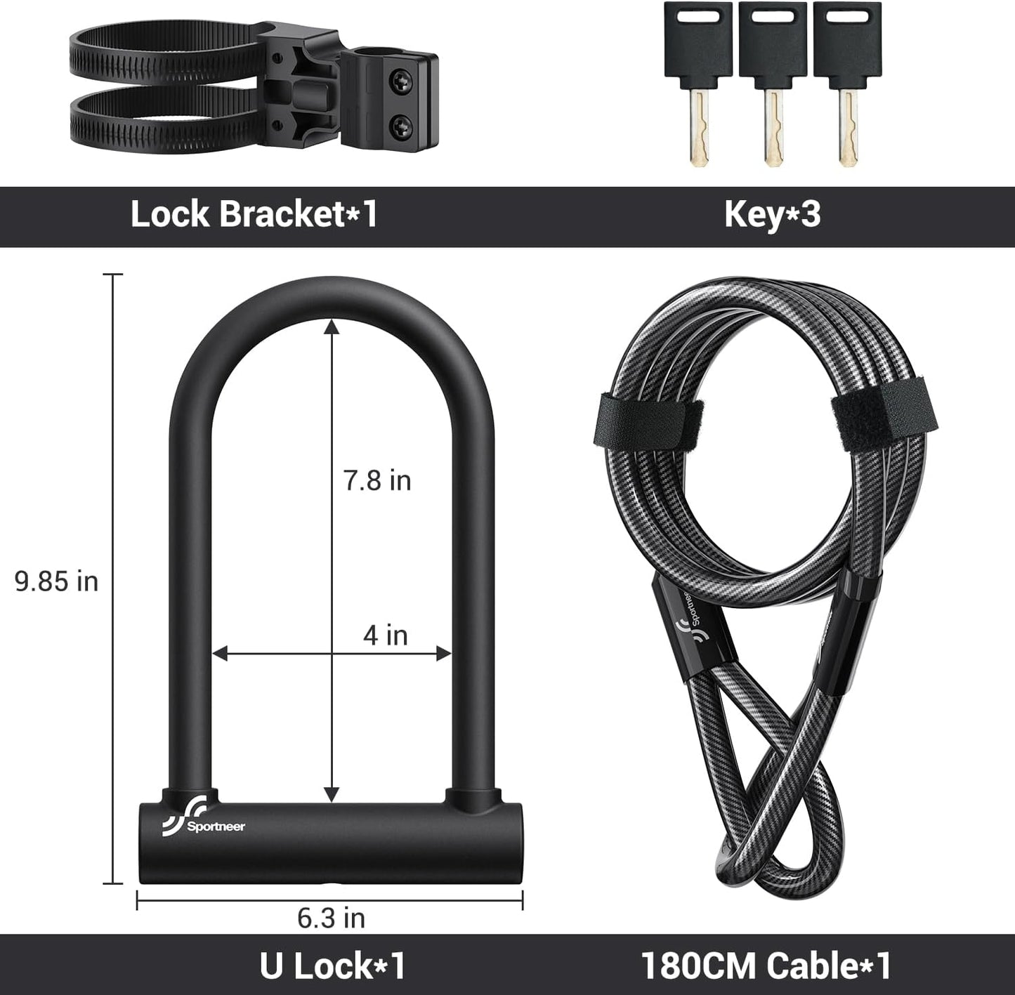Sportneer Bike U Lock - Heavy Duty 18mm Shackle with 6ft Security Cable | Sturdy Mounting Bracket for All Bike Types, 9.85''x6.3''