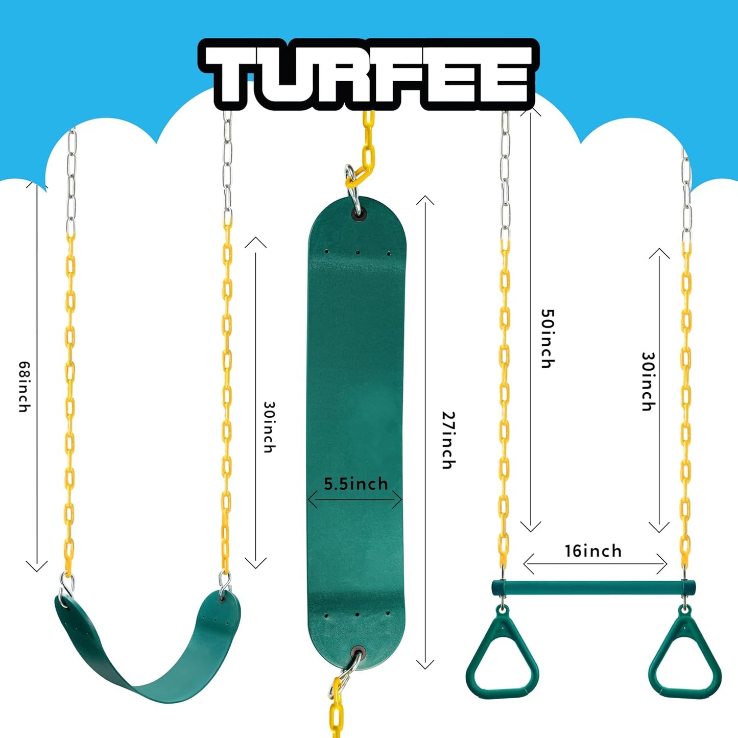 TURFEE Swing Set Accessories - 3 Pack with Gym Rings, Trapeze Bar & 2 Swings - Green Outdoor Play