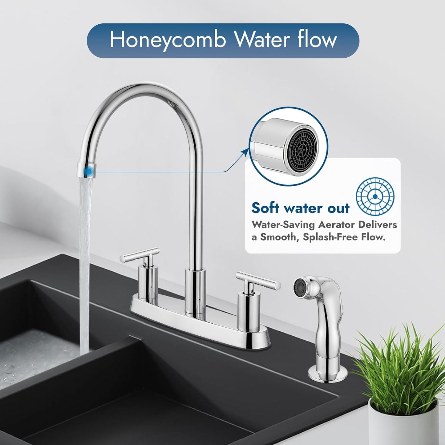 Brushed Nickel Kitchen Faucet with 360° Rotating Spout & Side Sprayer - 2 Handle, 8 Inch Centerset