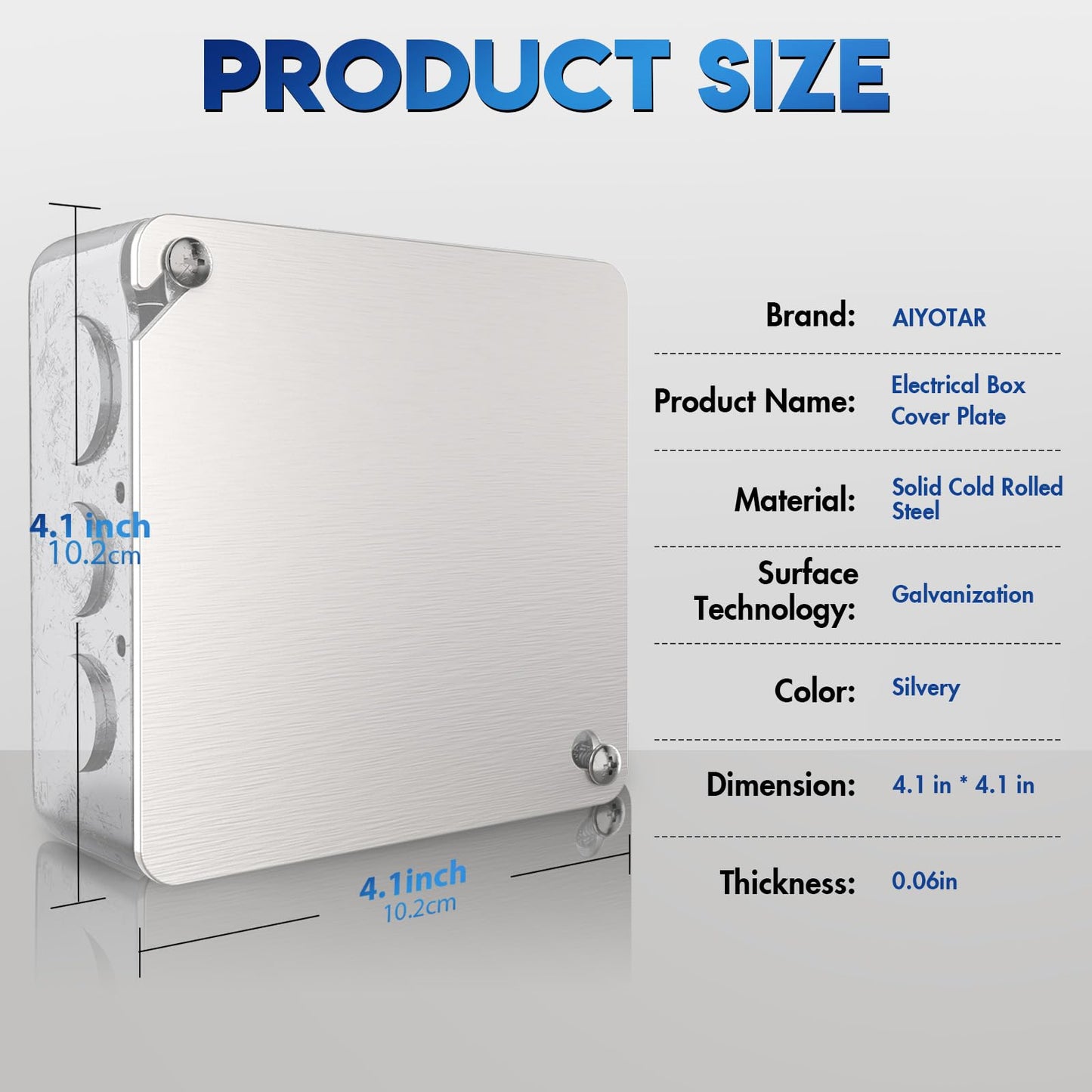 AIYOTAR Metal Electrical Box Cover Plates, 4 PCS Junction Box Covers, 4 Inch Square Flat Blank Electric Box Cover, Solid Cold Rolled Steel Outlet Box Cover for 4x4'' Square/Octagonal Box