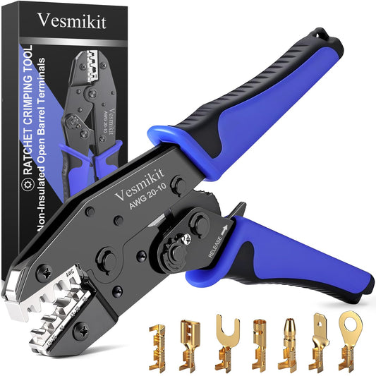Crimping Tool for Non-Insulated Open Barrel Terminals-AWG 20-10 Ratchet Wire Crimper Tool-Wire Terminal Crimper-For Molex Female Male Spades Bullet