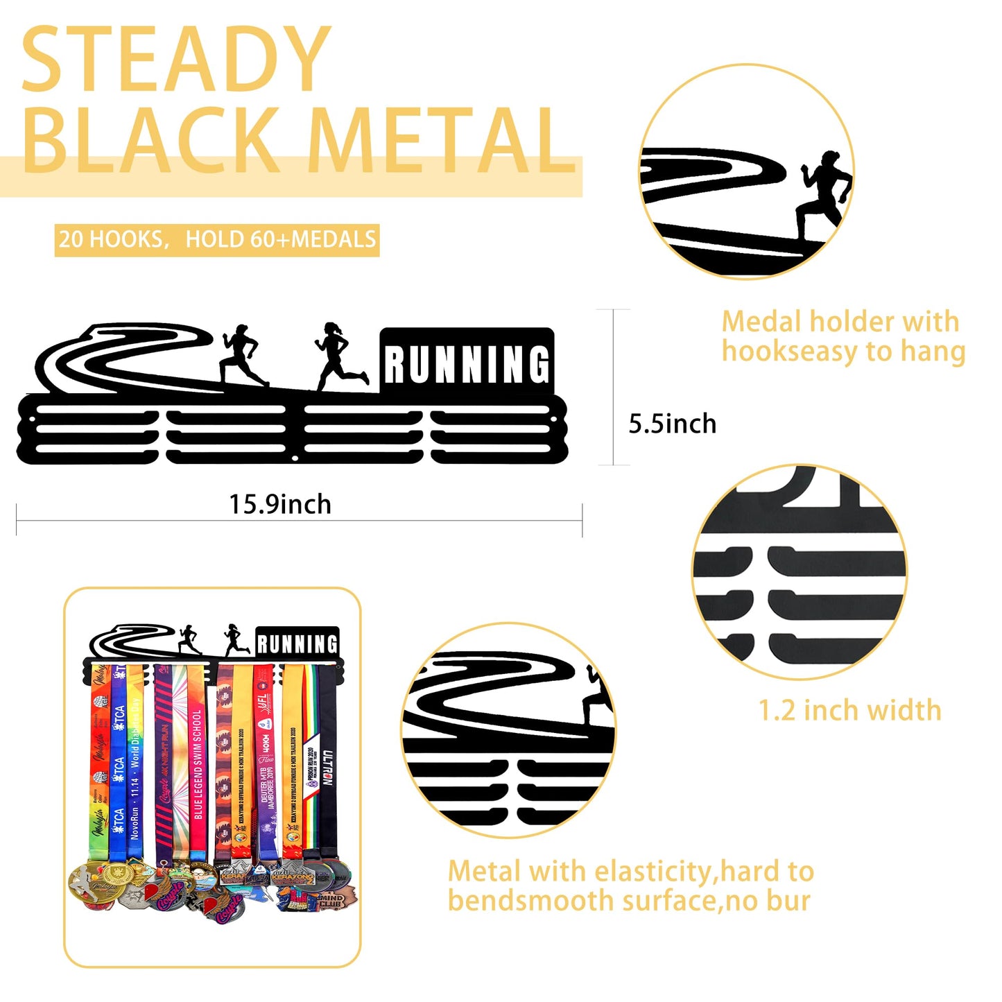 Goutoports Medal Holder Display Hanger - Award Ribbon Organizer Rack for Sports Race Runner Plaques Hanger for Wall Mount Hold Up 60 Medal Hanger Display for Athlete Kids Christmas Gifts