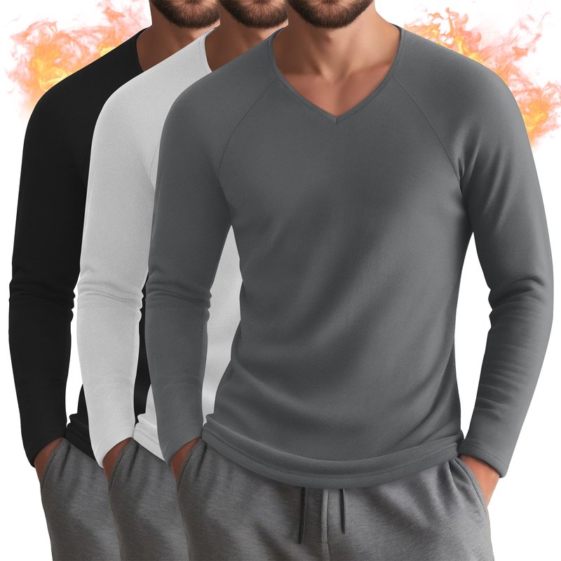 Riyiper 3 Pack Men's Thermal Shirts Long Sleeve Thick T-Shirt V Neck Fleece Undershirts Basic Comfortable Winter Layer Tops(Black, White, Gray,X-Large)