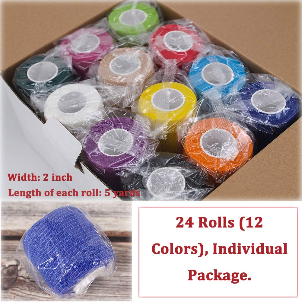 WeTop 24 Pack Self Adhesive Bandage Wrap 2 Inch, Athletic Elastic Non Woven Cohesive Bandage for Sports, Wrist, Ankle Sprains, Swelling and Vet Wrap (Rainbow)