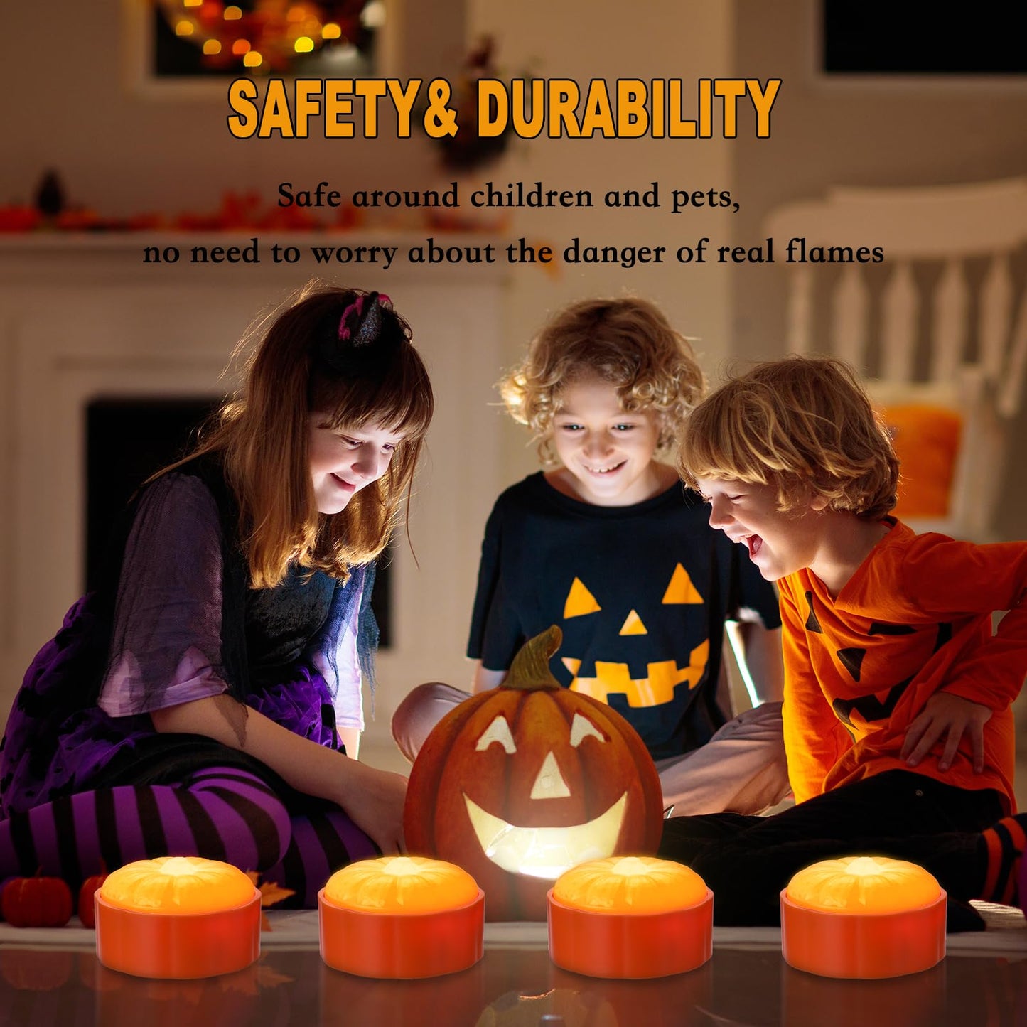 Cosyiker 4-Pack Halloween LED Pumpkin Lights with Remote and Timer, Bright/Flickering Battery Operated Jack-O-Lantern Orange/White Halloween Decor Flameless Candles for Pumpkin Decorations