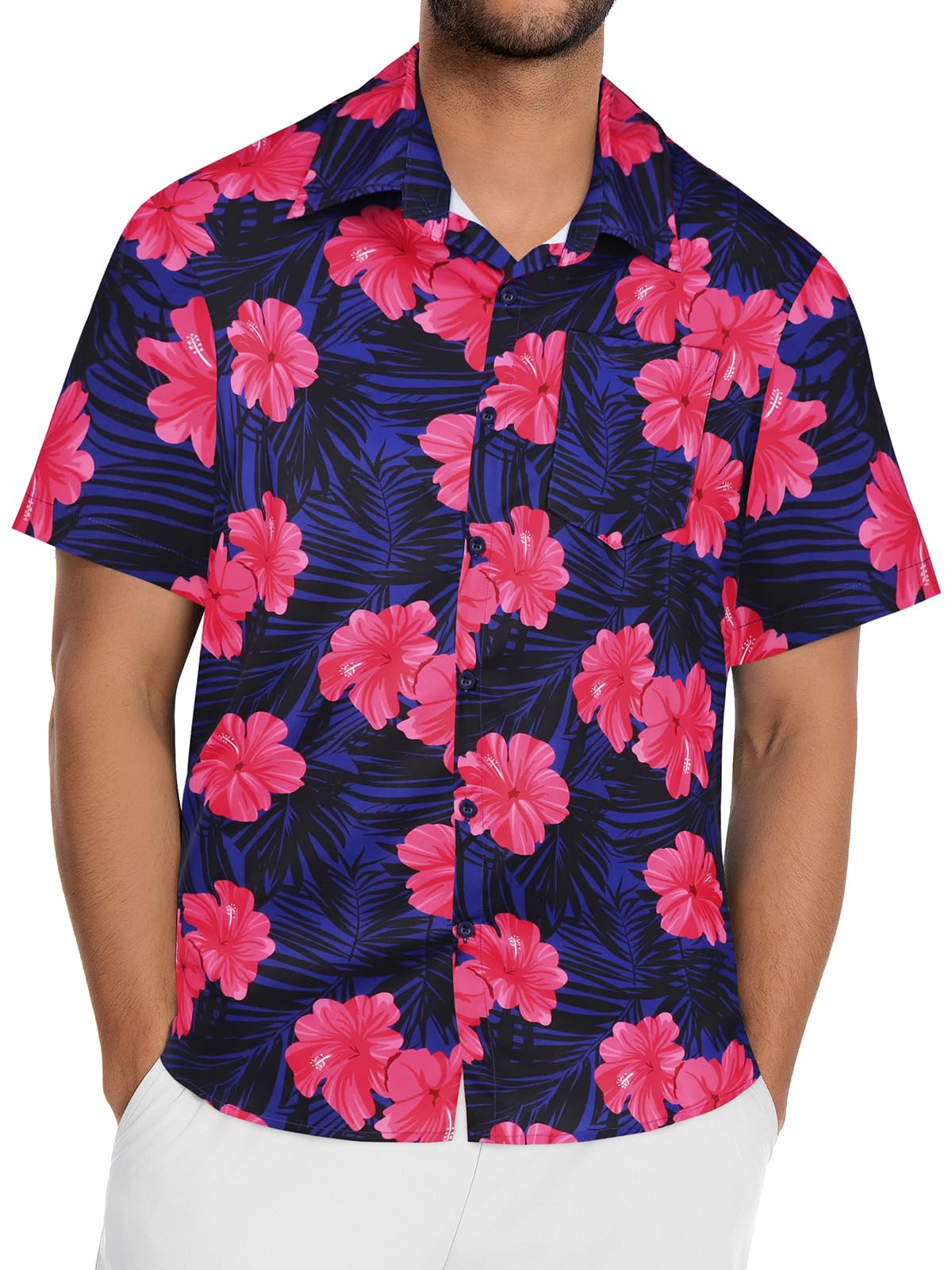 Mens Hawaiian Shirt Short Sleeve Summer Beach Casual Tops Button Down T Shirts with Pocket(Pink Navy Floral,XL)