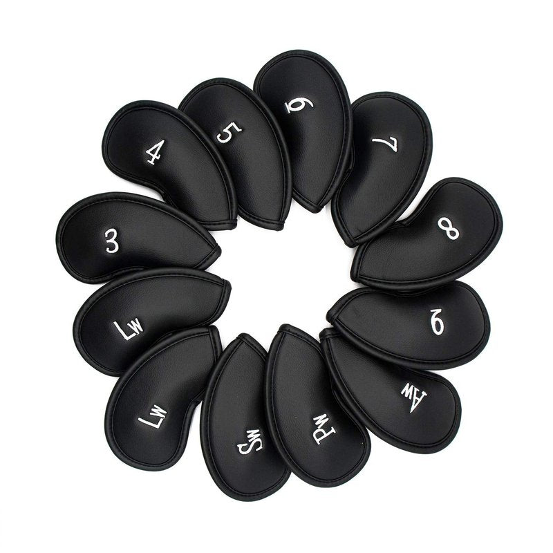 12pcs Golf Iron Head Covers - Thick Synthetic Leather Golf Club Headcover Set Fit All Brands by KUWAN (Black)
