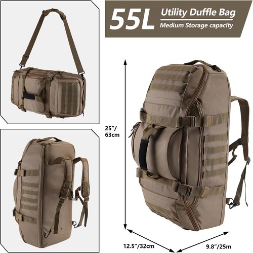 Hannibal Tactical 55L Duffle Bag - 3-in-1 Tactical Backpack MOLLE Pack for Gym & Outdoor | Coyote Color